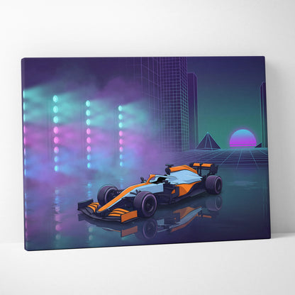 McLaren Formula 1 Inspired Orange Purple Canvas Wall Art, Neon Vaporwave Race Car Artwork for Modern Garage Decor