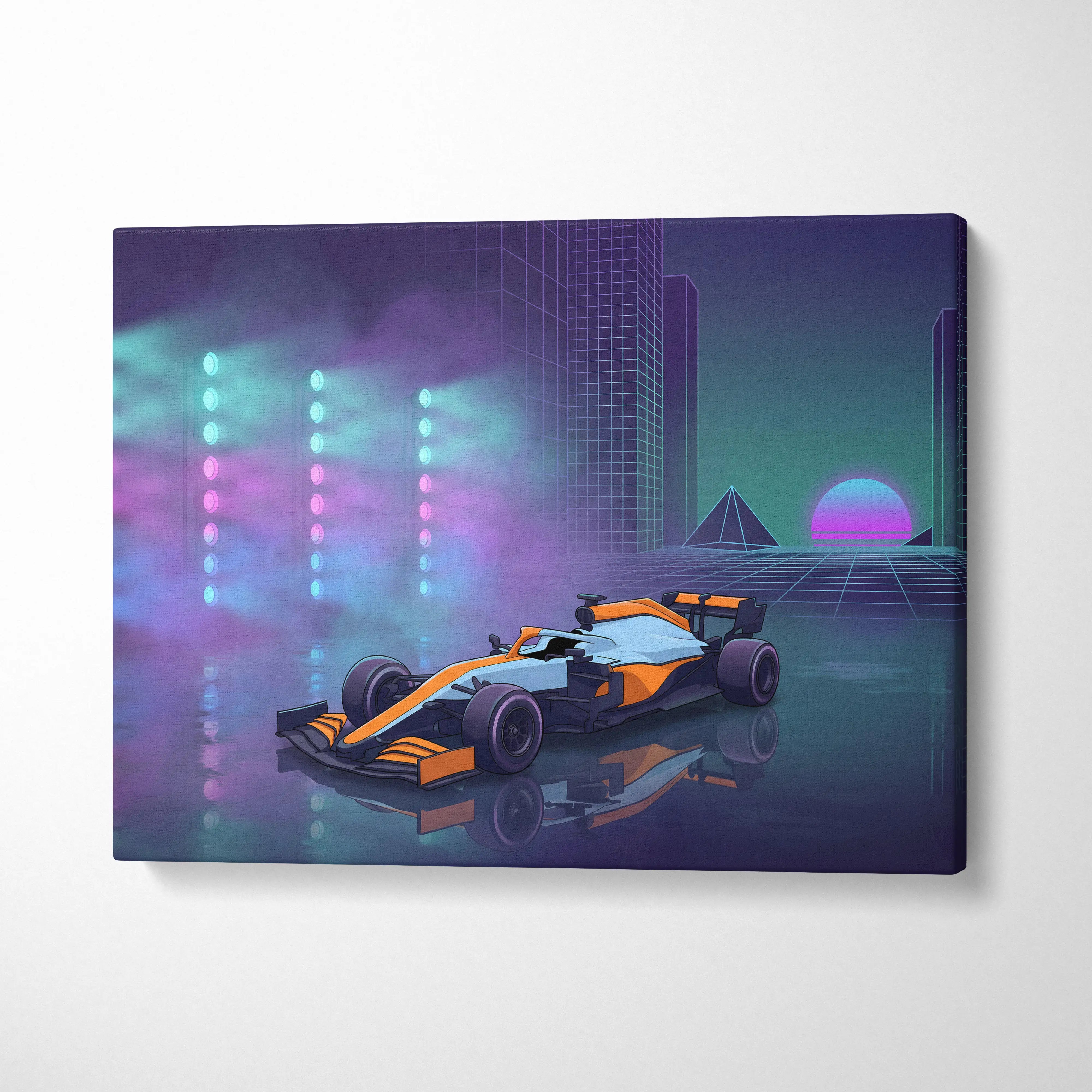 McLaren Formula 1 Inspired Orange Purple Canvas Wall Art, Neon Vaporwave Race Car Artwork for Modern Garage Decor