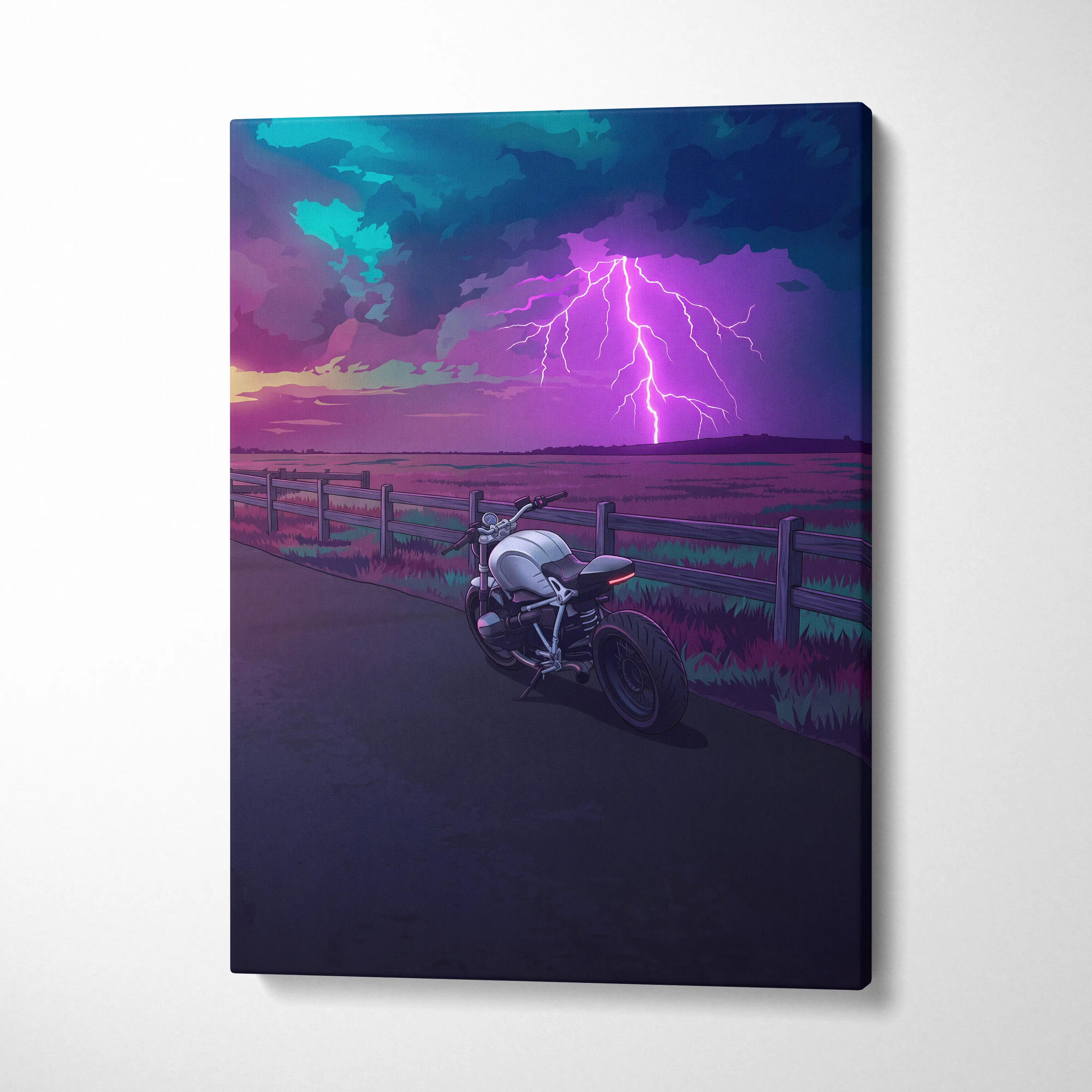 BMW R NineT Inspired Silver Purple Motorcycle Canvas Wall Art Vaporwave Storm Scene Café Racer Garage Decor Neon Lightning Road Artwork