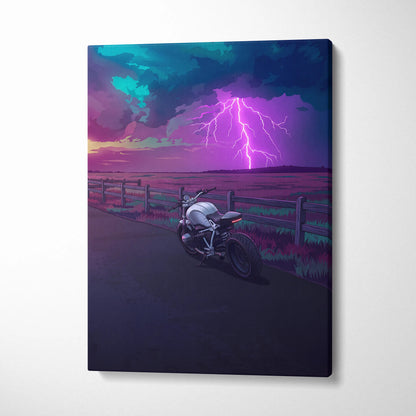 BMW R NineT Inspired Silver Purple Motorcycle Canvas Wall Art Vaporwave Storm Scene Café Racer Garage Decor Neon Lightning Road Artwork