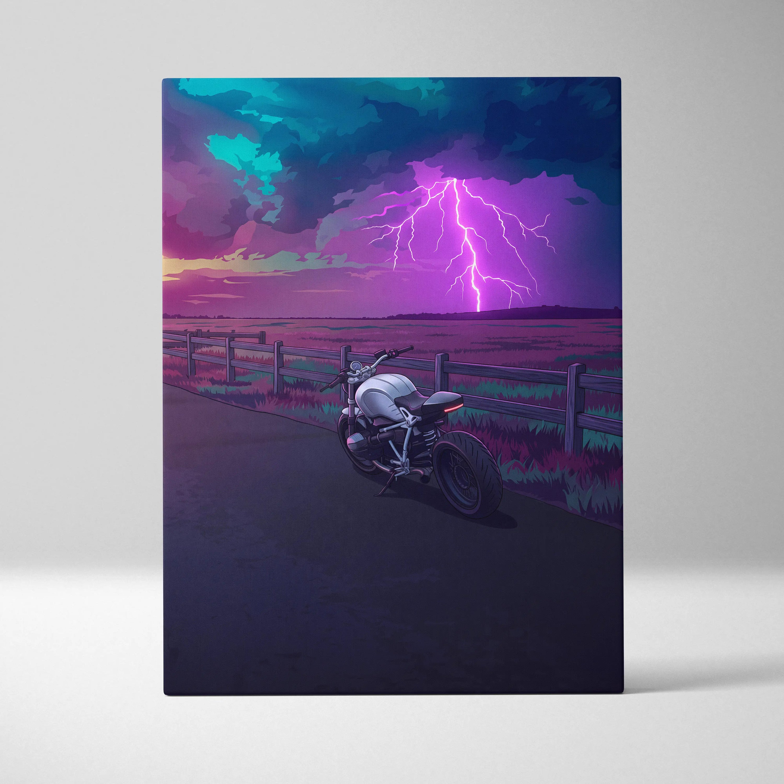 BMW R NineT Inspired Silver Purple Motorcycle Canvas Wall Art Vaporwave Storm Scene Café Racer Garage Decor Neon Lightning Road Artwork
