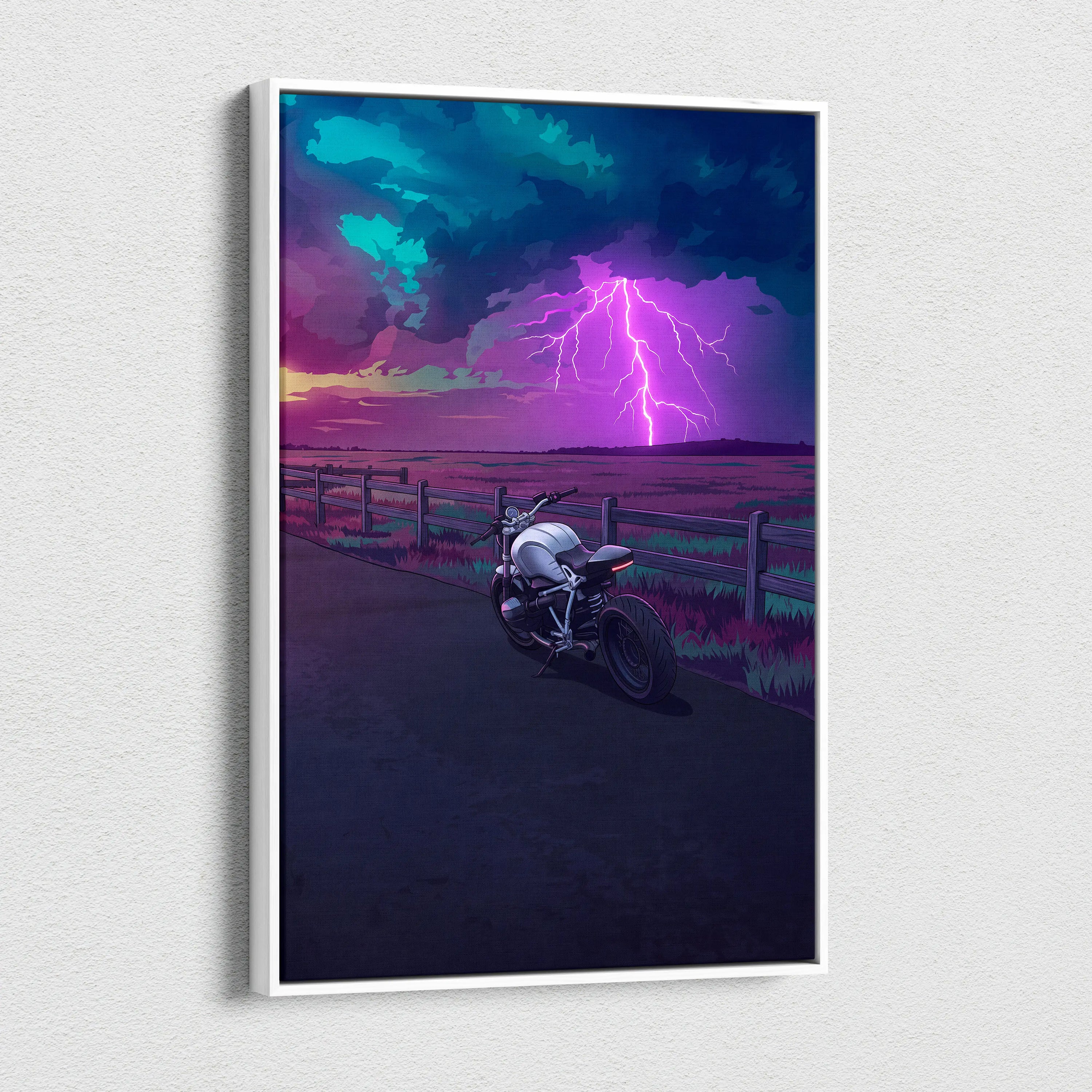 BMW R NineT Inspired Silver Purple Motorcycle Canvas Wall Art Vaporwave Storm Scene Café Racer Garage Decor Neon Lightning Road Artwork
