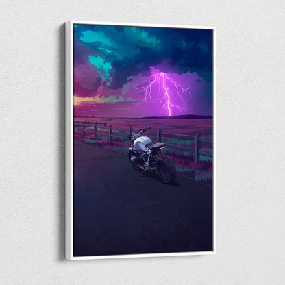 BMW R NineT Inspired Silver Purple Motorcycle Canvas Wall Art Vaporwave Storm Scene Café Racer Garage Decor Neon Lightning Road Artwork