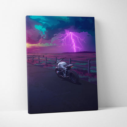 BMW R NineT Inspired Silver Purple Motorcycle Canvas Wall Art Vaporwave Storm Scene Café Racer Garage Decor Neon Lightning Road Artwork