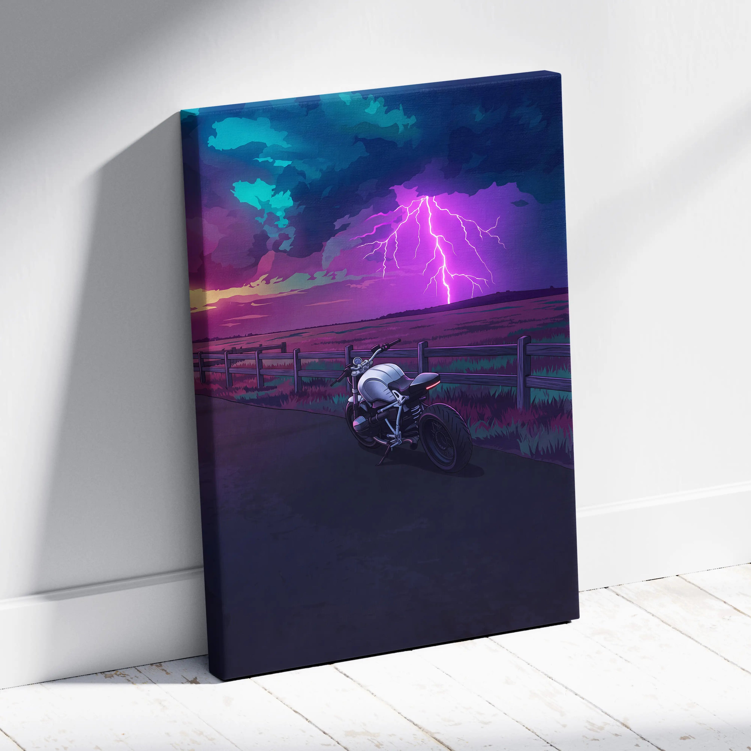 BMW R NineT Inspired Silver Purple Motorcycle Canvas Wall Art Vaporwave Storm Scene Café Racer Garage Decor Neon Lightning Road Artwork