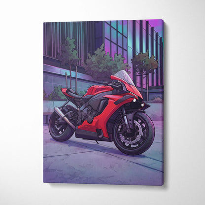 Yamaha R1 Inspired Red Purple Motorcycle Canvas Wall Art Vaporwave Neon City Sportbike Garage Decor Modern Racing Artwork