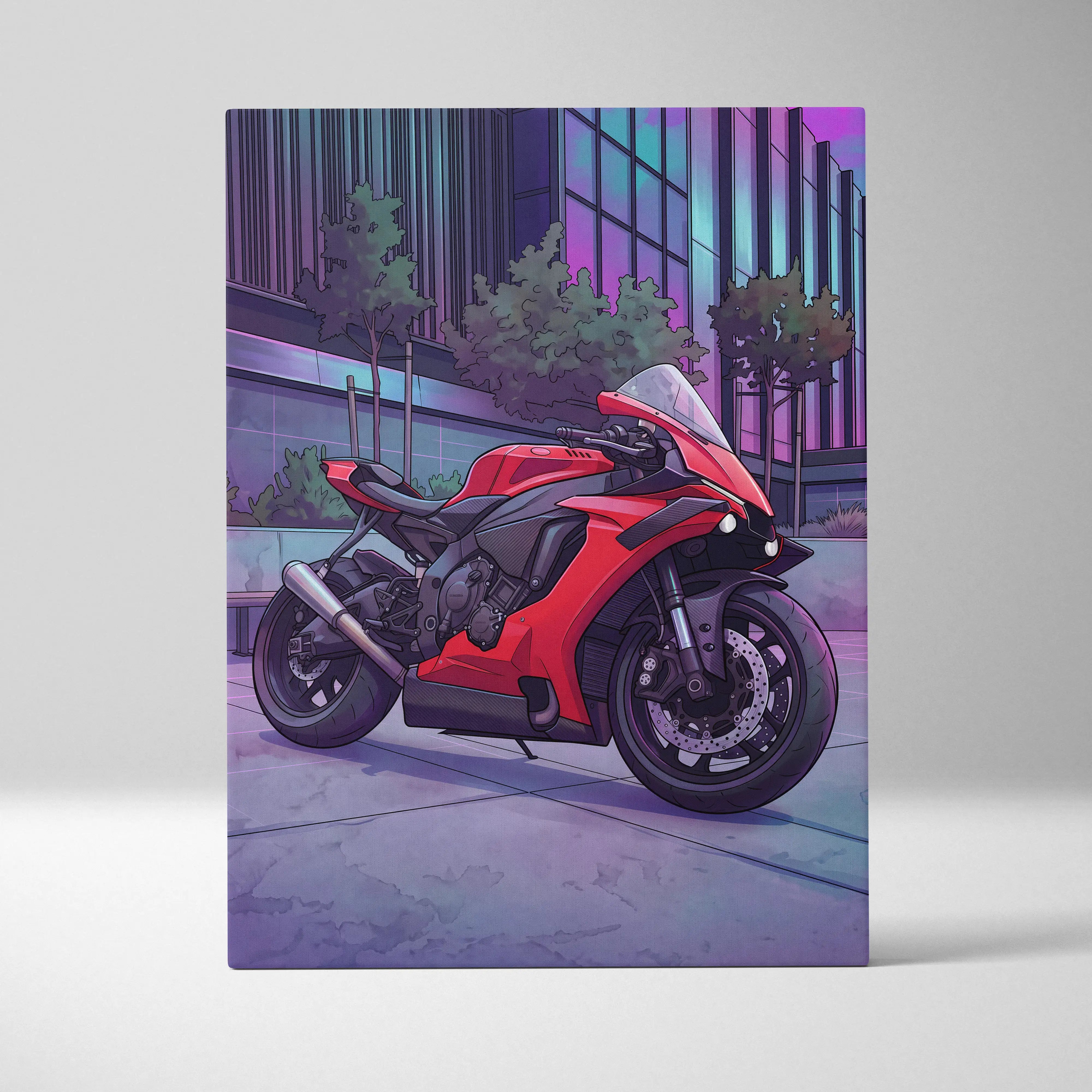 Yamaha R1 Inspired Red Purple Motorcycle Canvas Wall Art Vaporwave Neon City Sportbike Garage Decor Modern Racing Artwork
