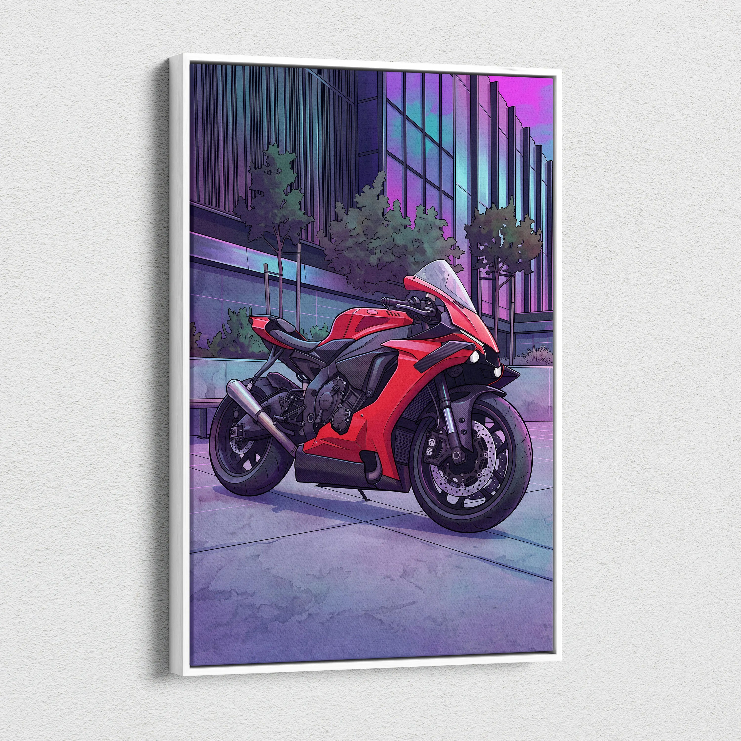 Yamaha R1 Inspired Red Purple Motorcycle Canvas Wall Art Vaporwave Neon City Sportbike Garage Decor Modern Racing Artwork