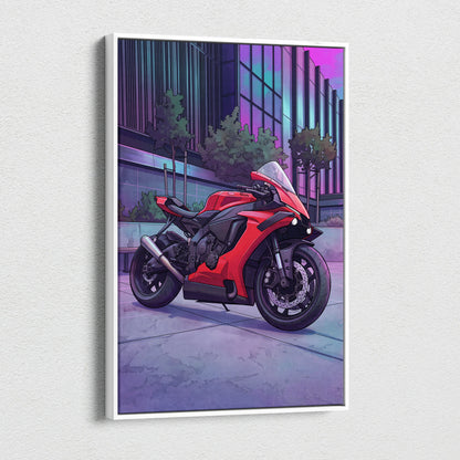 Yamaha R1 Inspired Red Purple Motorcycle Canvas Wall Art Vaporwave Neon City Sportbike Garage Decor Modern Racing Artwork