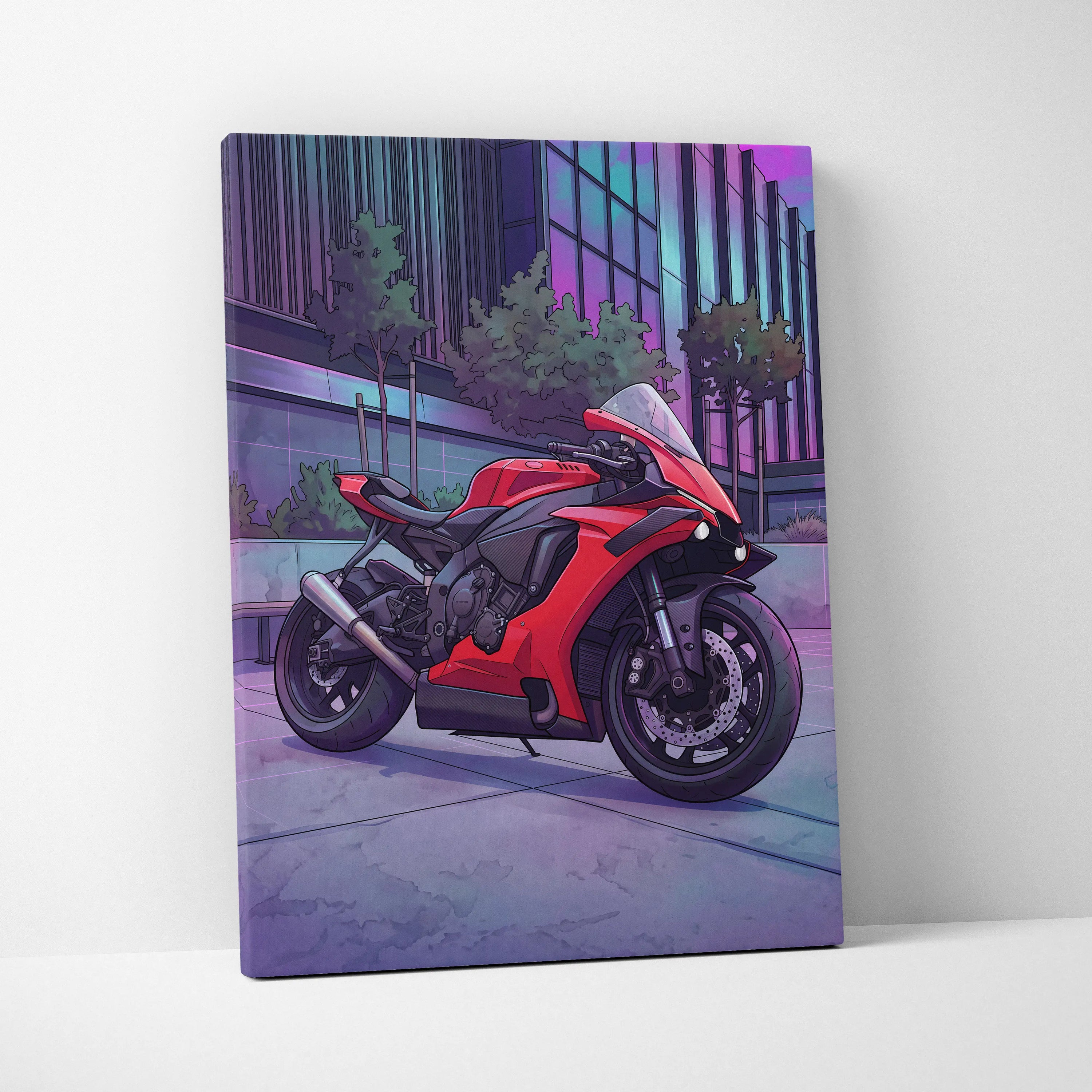 Yamaha R1 Inspired Red Purple Motorcycle Canvas Wall Art Vaporwave Neon City Sportbike Garage Decor Modern Racing Artwork