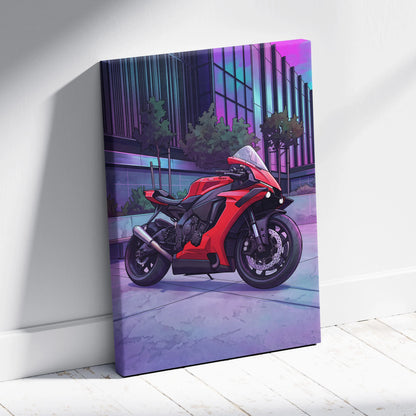 Yamaha R1 Inspired Red Purple Motorcycle Canvas Wall Art Vaporwave Neon City Sportbike Garage Decor Modern Racing Artwork