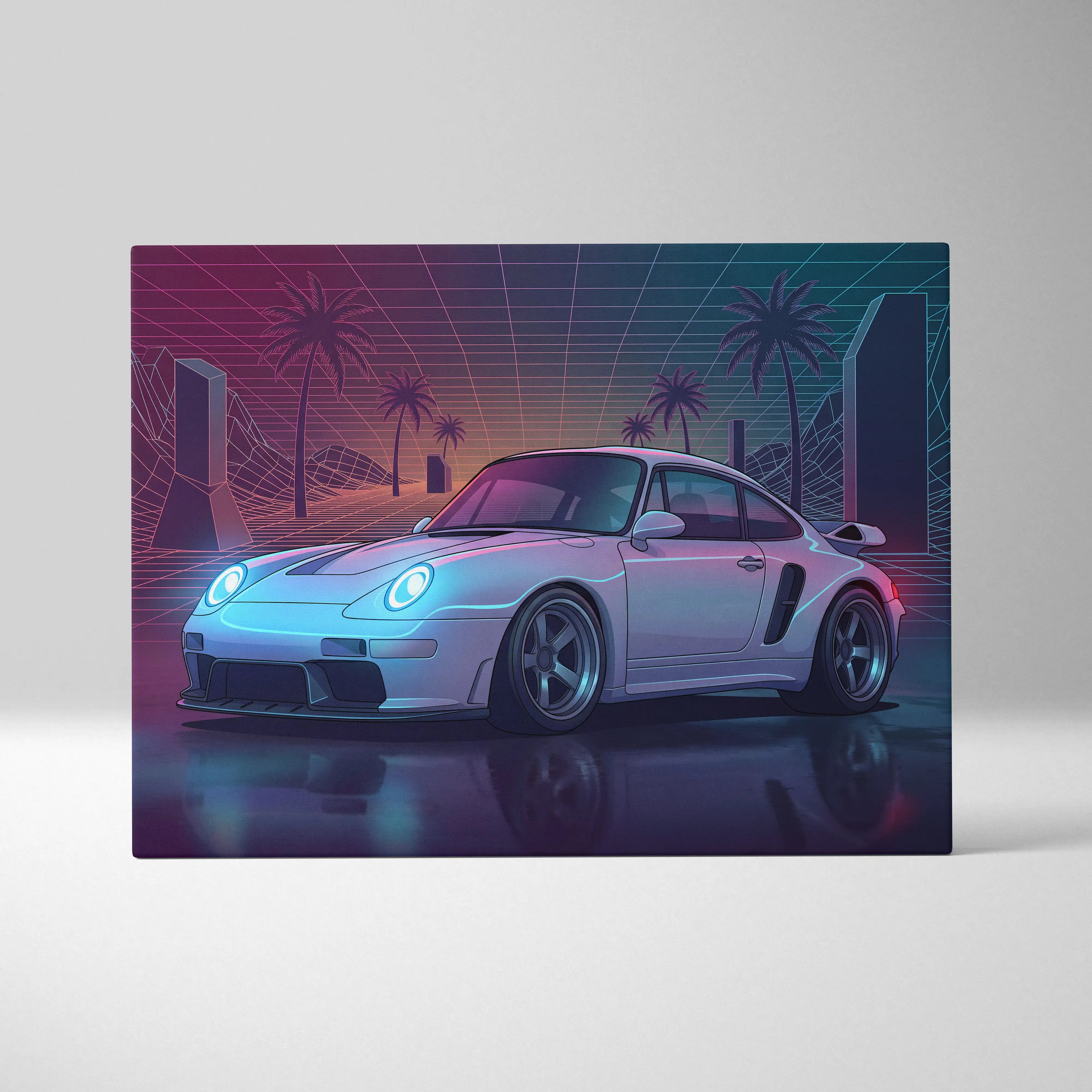 Porsche 911 Turbo Inspired Canvas Wall Art - Vaporwave Widebody Sports Car Decor with Neon Palm Drive Style