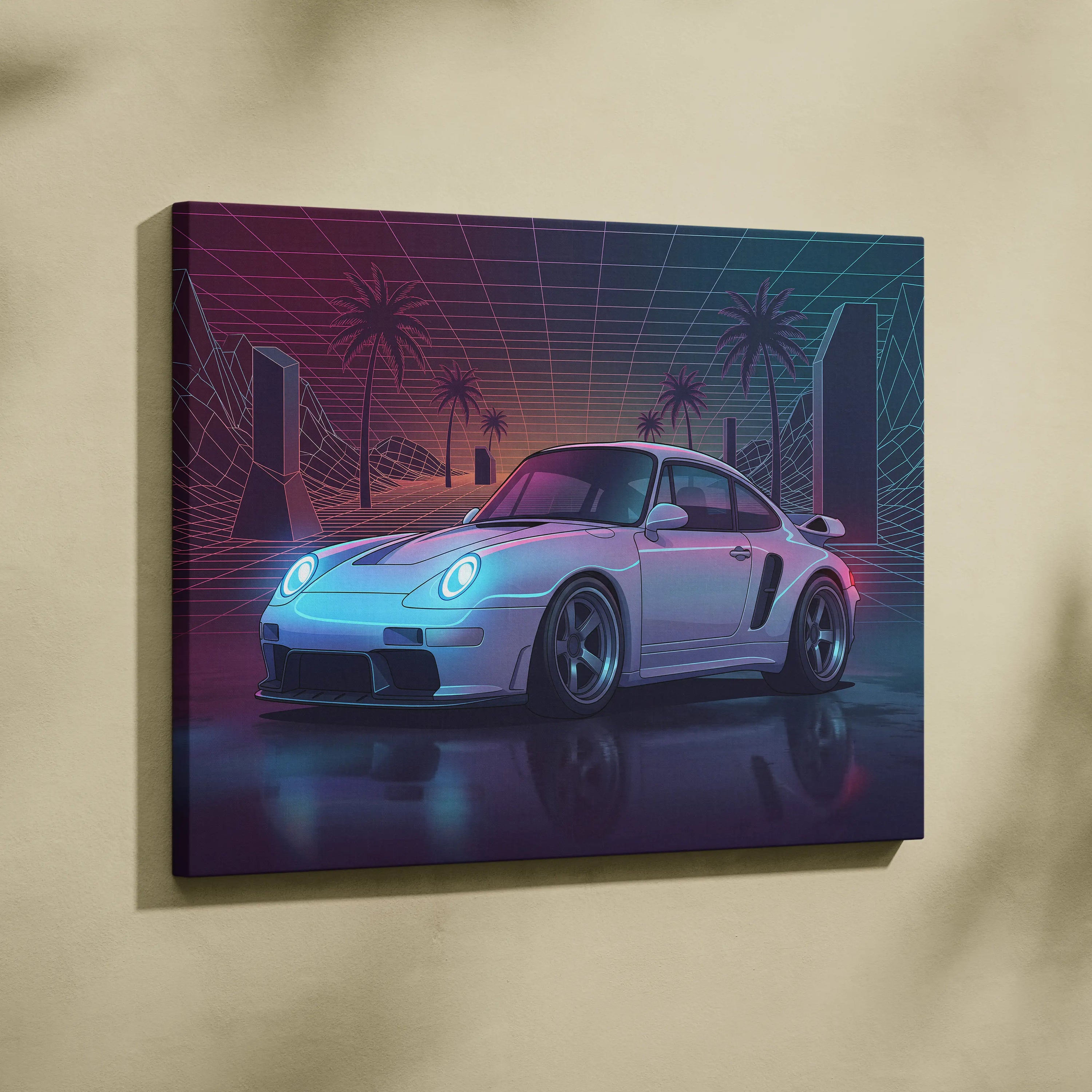 Porsche 911 Turbo Inspired Canvas Wall Art - Vaporwave Widebody Sports Car Decor with Neon Palm Drive Style