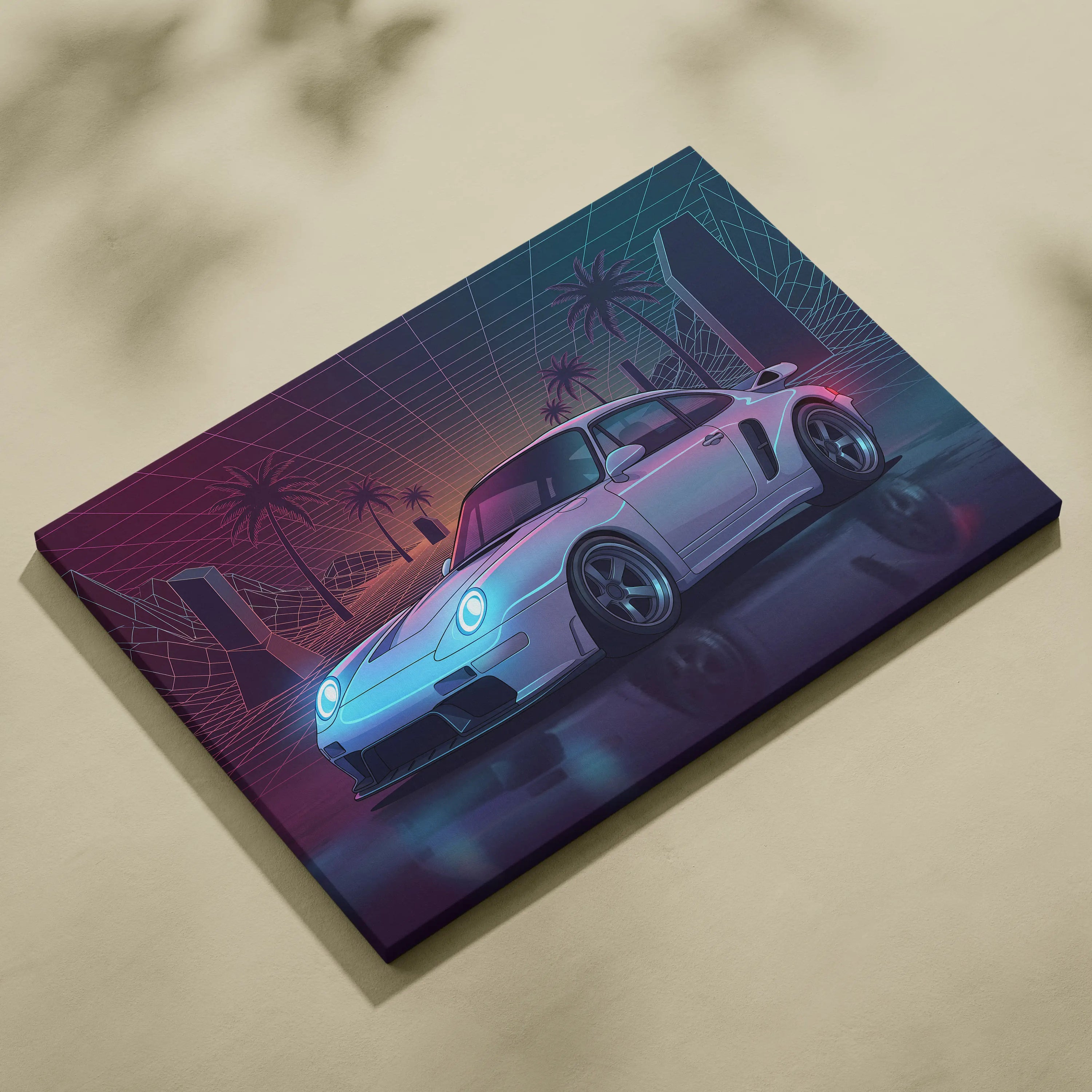 Porsche 911 Turbo Inspired Canvas Wall Art - Vaporwave Widebody Sports Car Decor with Neon Palm Drive Style