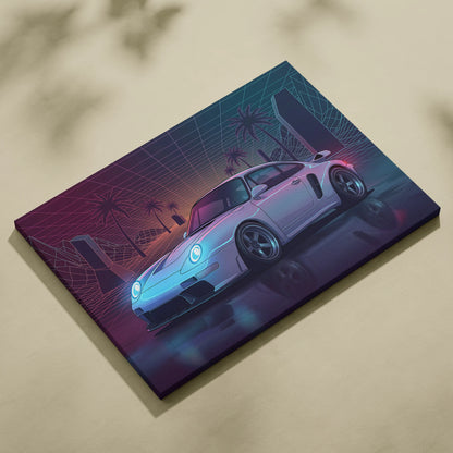 Porsche 911 Turbo Inspired Canvas Wall Art - Vaporwave Widebody Sports Car Decor with Neon Palm Drive Style