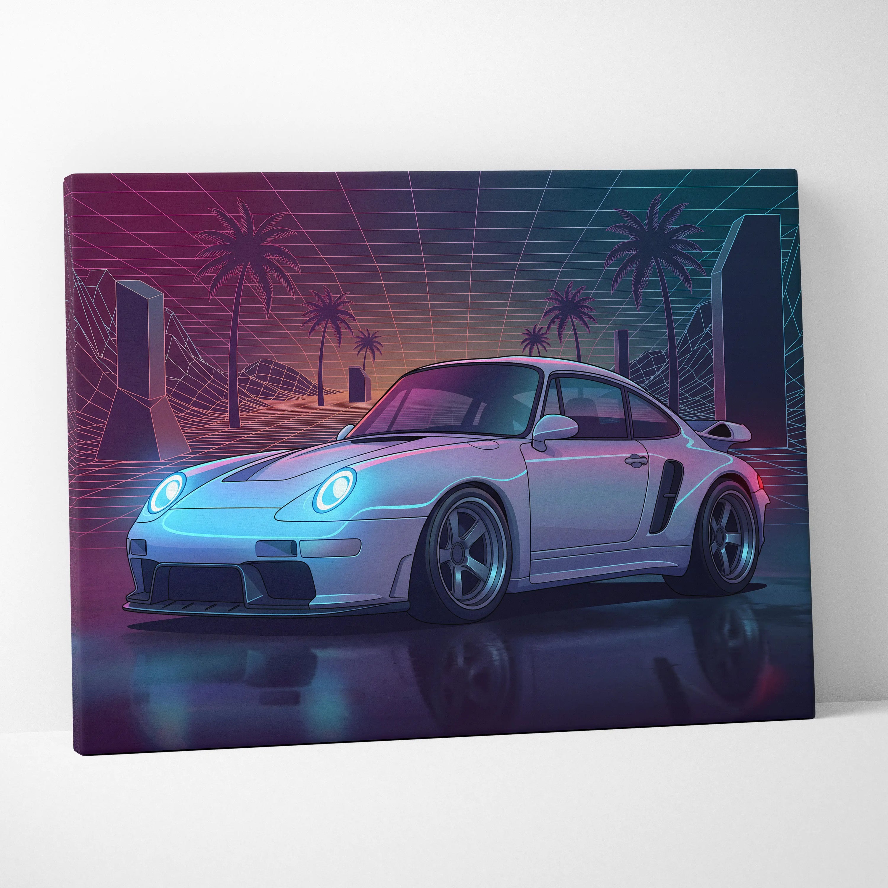 Porsche 911 Turbo Inspired Canvas Wall Art - Vaporwave Widebody Sports Car Decor with Neon Palm Drive Style