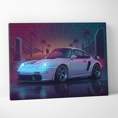 Porsche 911 Turbo Inspired Canvas Wall Art - Vaporwave Widebody Sports Car Decor with Neon Palm Drive Style