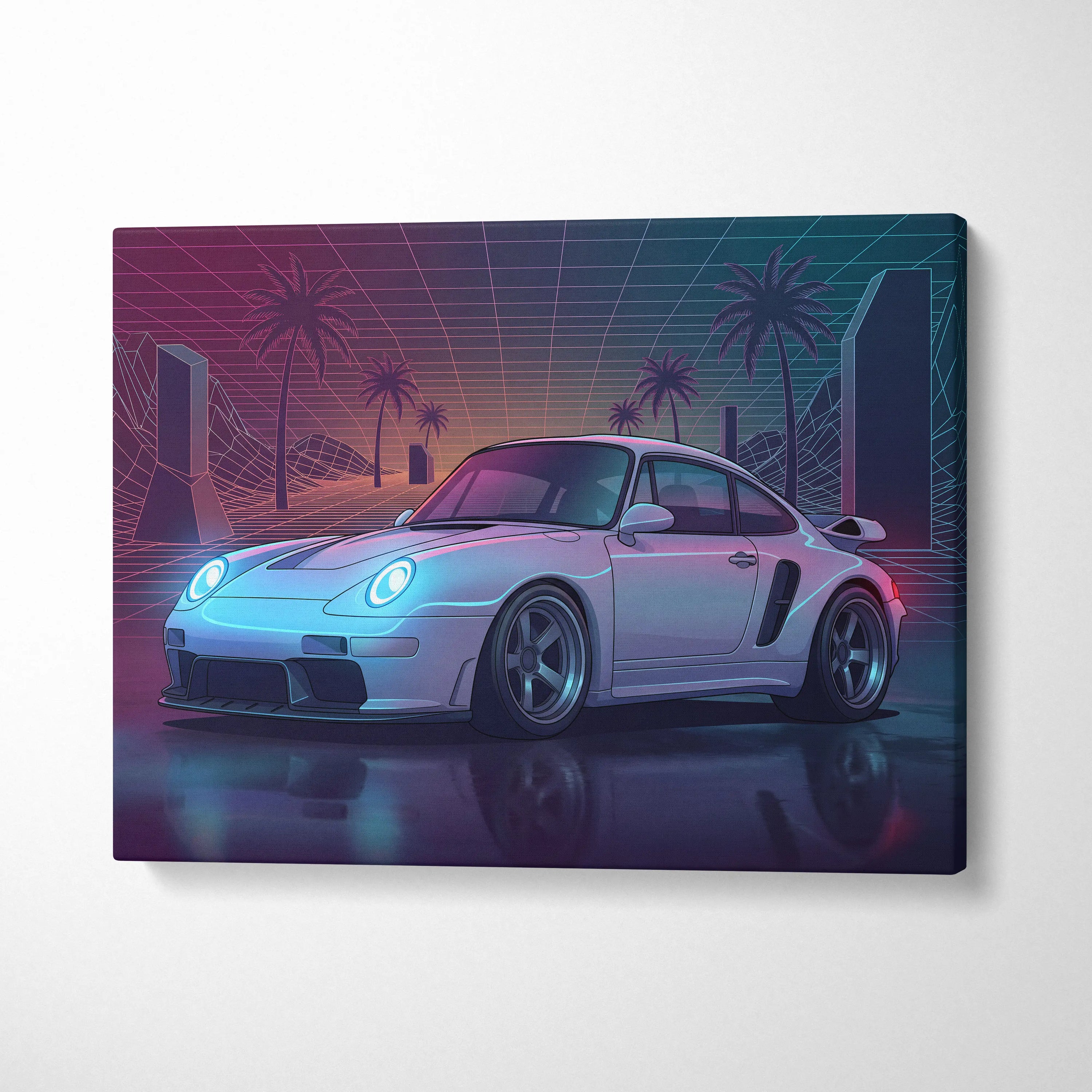 Porsche 911 Turbo Inspired Canvas Wall Art - Vaporwave Widebody Sports Car Decor with Neon Palm Drive Style