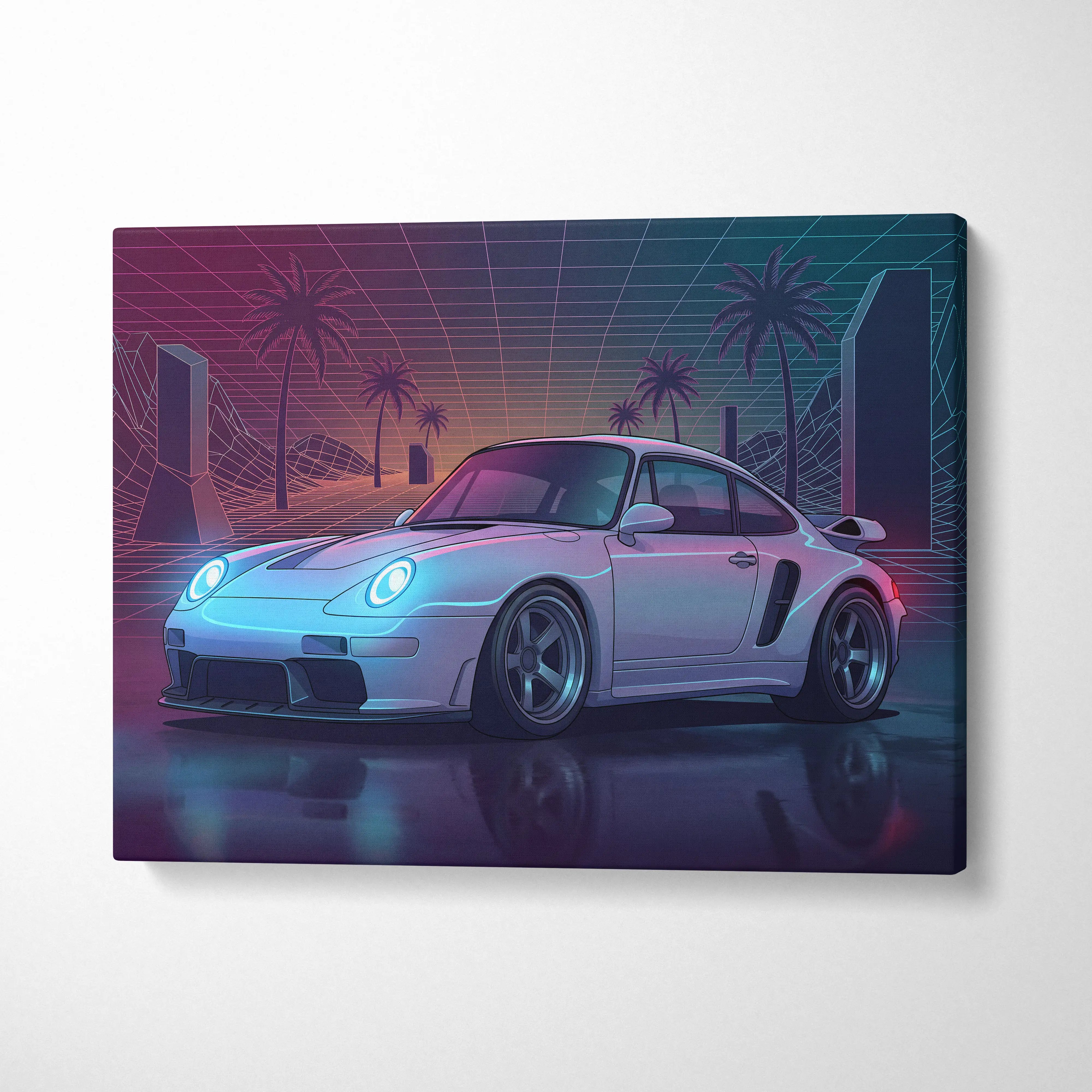 Porsche 911 Turbo Inspired Canvas Wall Art - Vaporwave Widebody Sports Car Decor with Neon Palm Drive Style