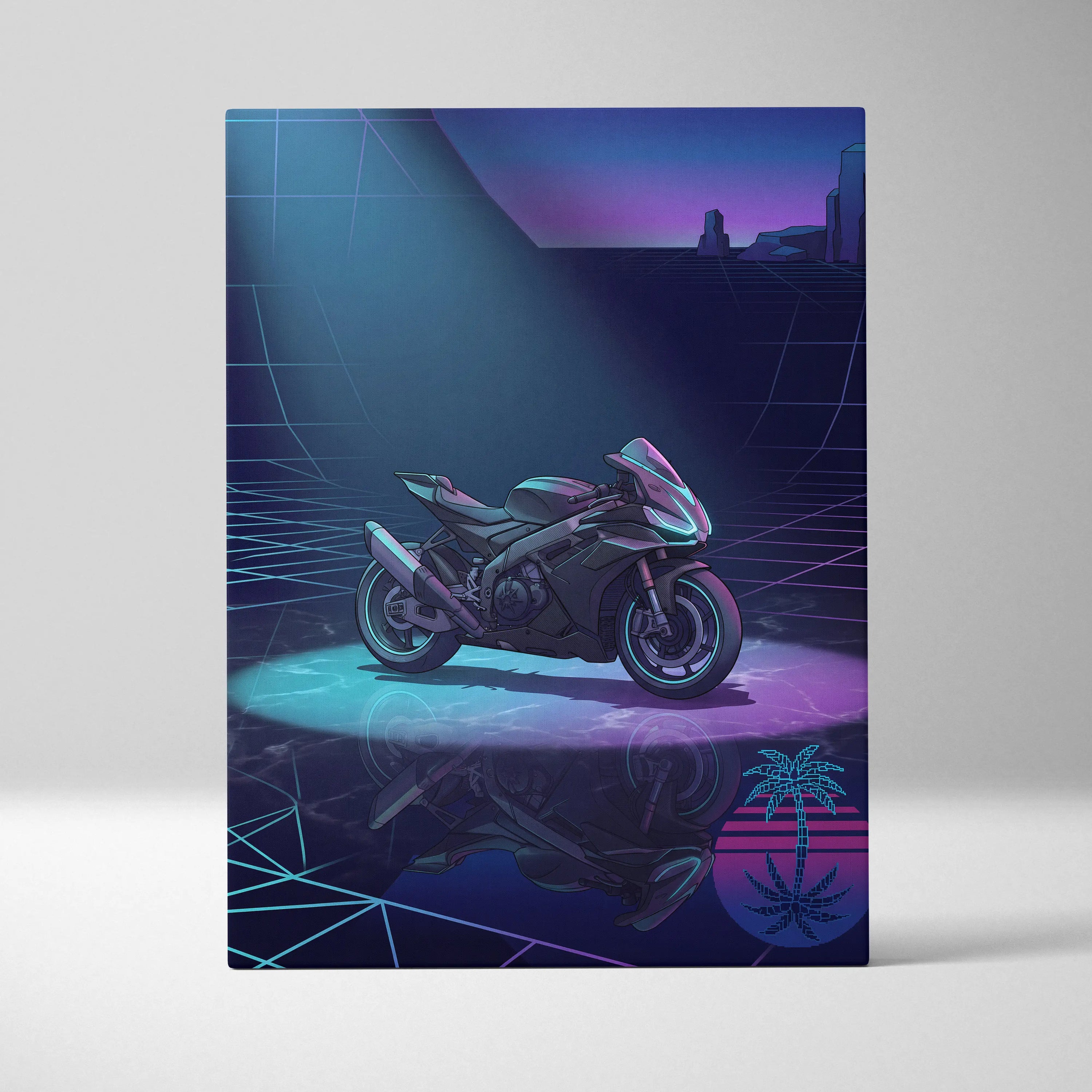 Aprilia RSV4 Inspired Dark Teal Purple Vaporwave Motorcycle Canvas Wall Art Neon Grid Sportbike Artwork Cyberpunk Garage Decor