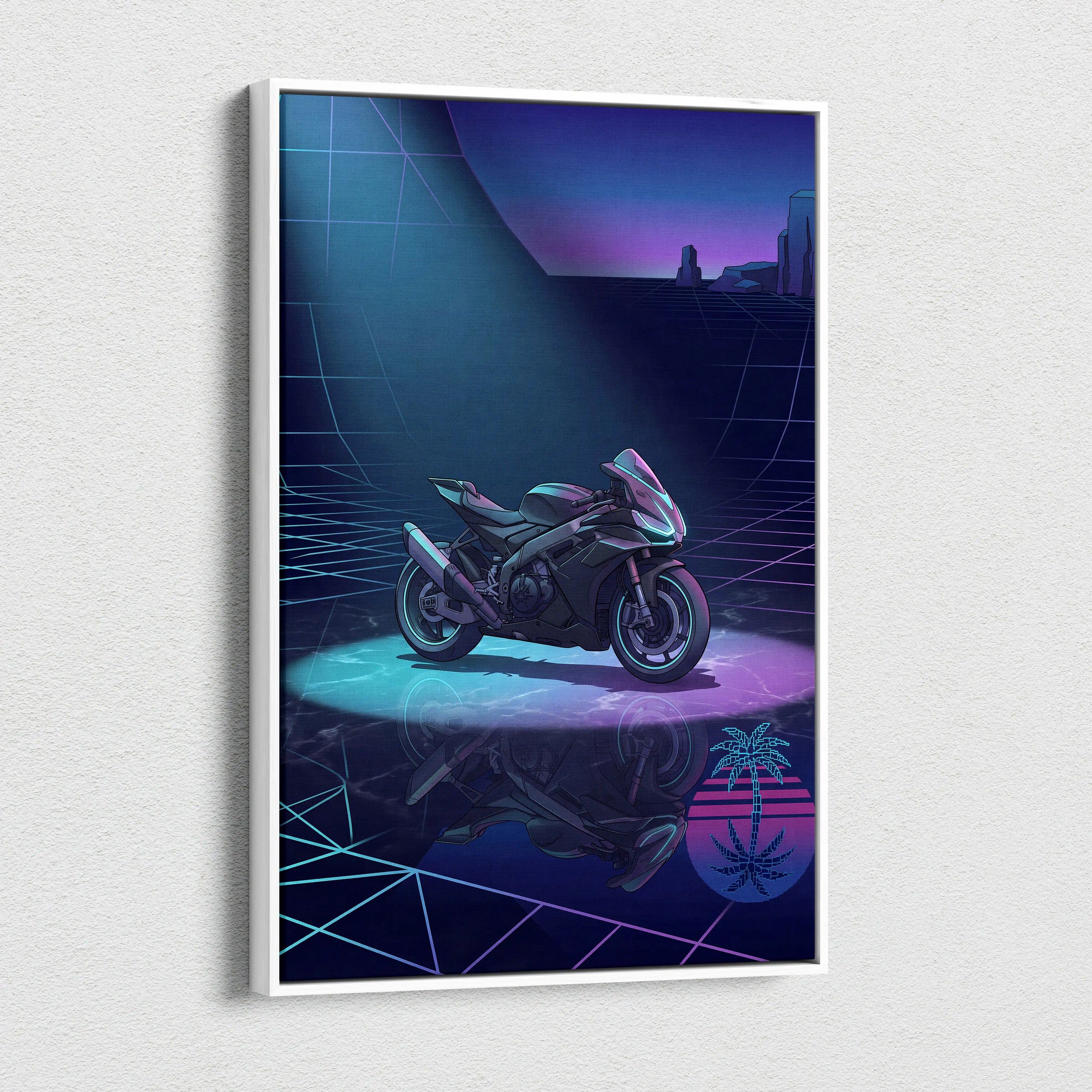 Aprilia RSV4 Inspired Dark Teal Purple Vaporwave Motorcycle Canvas Wall Art Neon Grid Sportbike Artwork Cyberpunk Garage Decor
