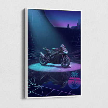 Aprilia RSV4 Inspired Dark Teal Purple Vaporwave Motorcycle Canvas Wall Art Neon Grid Sportbike Artwork Cyberpunk Garage Decor