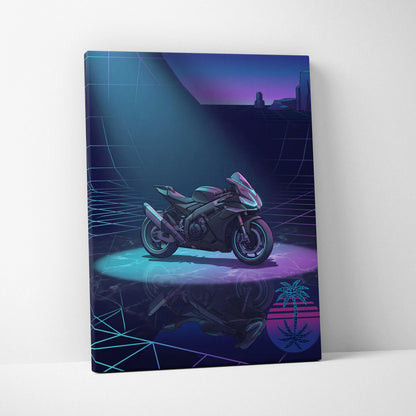 Aprilia RSV4 Inspired Dark Teal Purple Vaporwave Motorcycle Canvas Wall Art Neon Grid Sportbike Artwork Cyberpunk Garage Decor