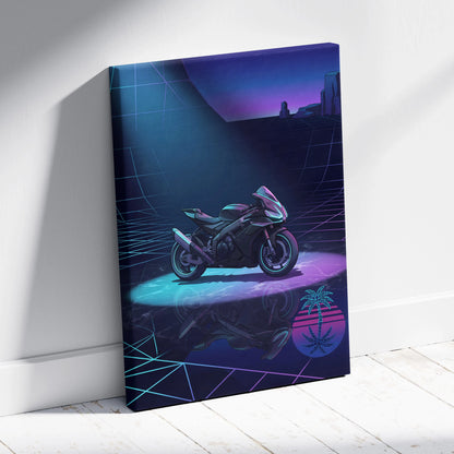 Aprilia RSV4 Inspired Dark Teal Purple Vaporwave Motorcycle Canvas Wall Art Neon Grid Sportbike Artwork Cyberpunk Garage Decor