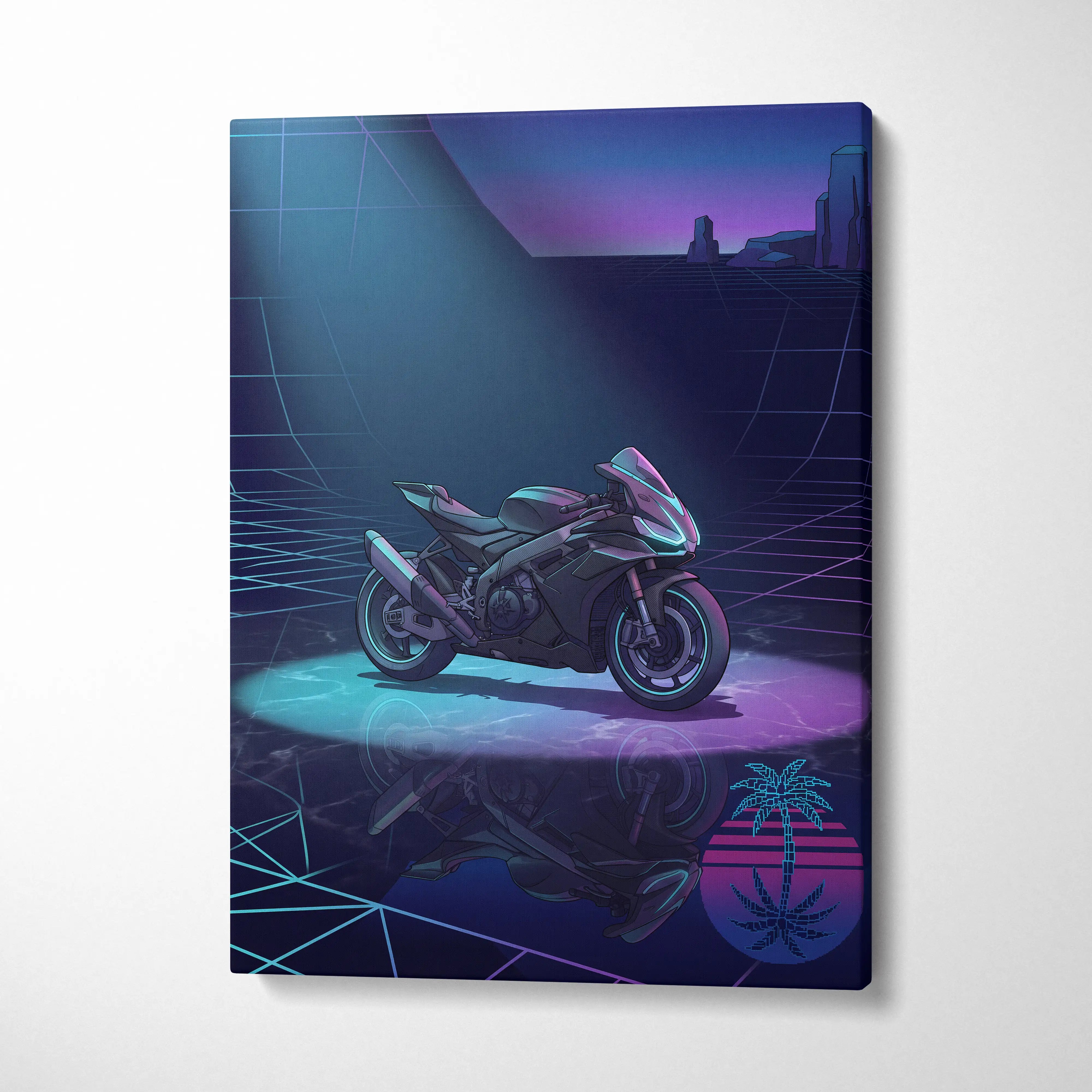 Aprilia RSV4 Inspired Dark Teal Purple Vaporwave Motorcycle Canvas Wall Art Neon Grid Sportbike Artwork Cyberpunk Garage Decor