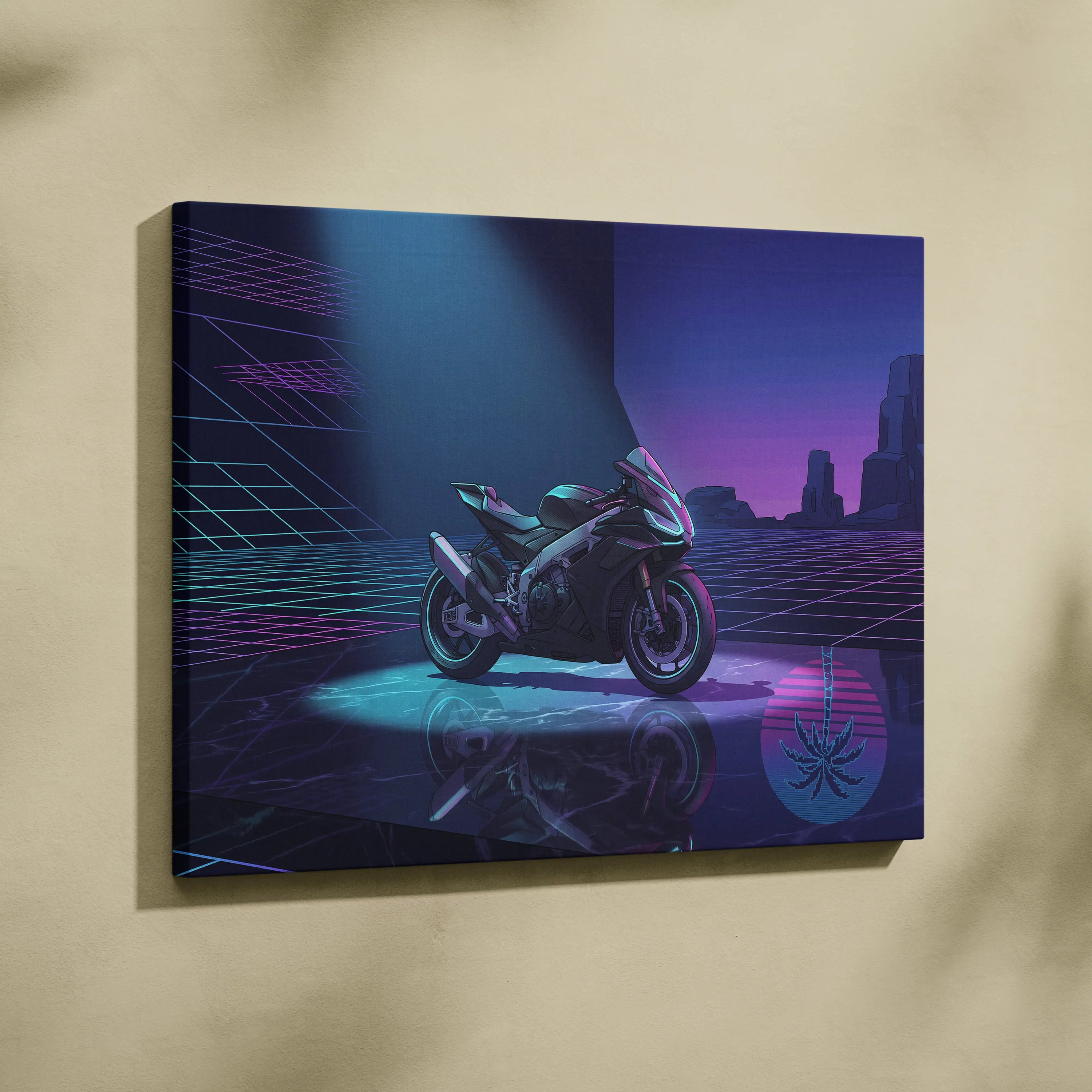 Aprilia RSV4 Inspired Dark Teal Purple Vaporwave Motorcycle Canvas Wall Art Neon Grid Sportbike Artwork Cyberpunk Garage Decor
