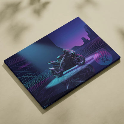 Aprilia RSV4 Inspired Dark Teal Purple Vaporwave Motorcycle Canvas Wall Art Neon Grid Sportbike Artwork Cyberpunk Garage Decor