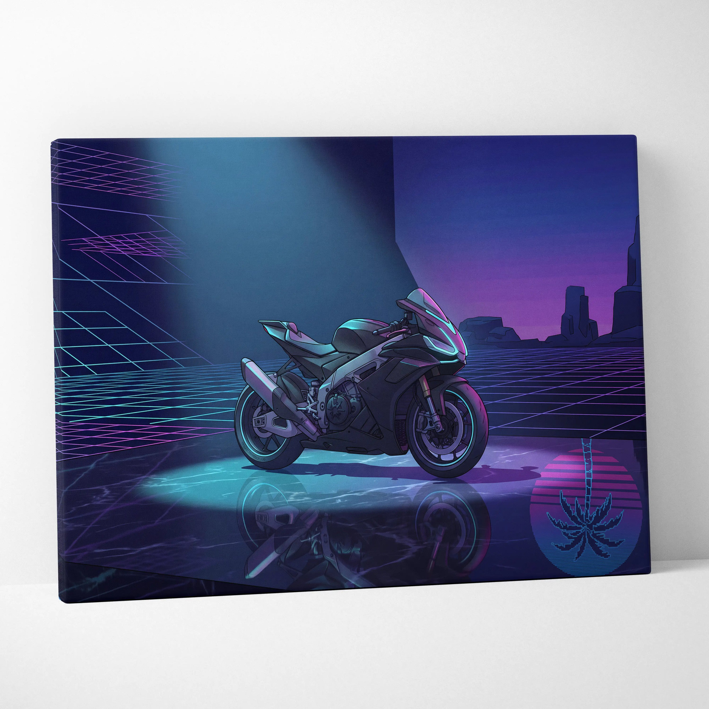 Aprilia RSV4 Inspired Dark Teal Purple Vaporwave Motorcycle Canvas Wall Art Neon Grid Sportbike Artwork Cyberpunk Garage Decor