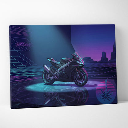 Aprilia RSV4 Inspired Dark Teal Purple Vaporwave Motorcycle Canvas Wall Art Neon Grid Sportbike Artwork Cyberpunk Garage Decor