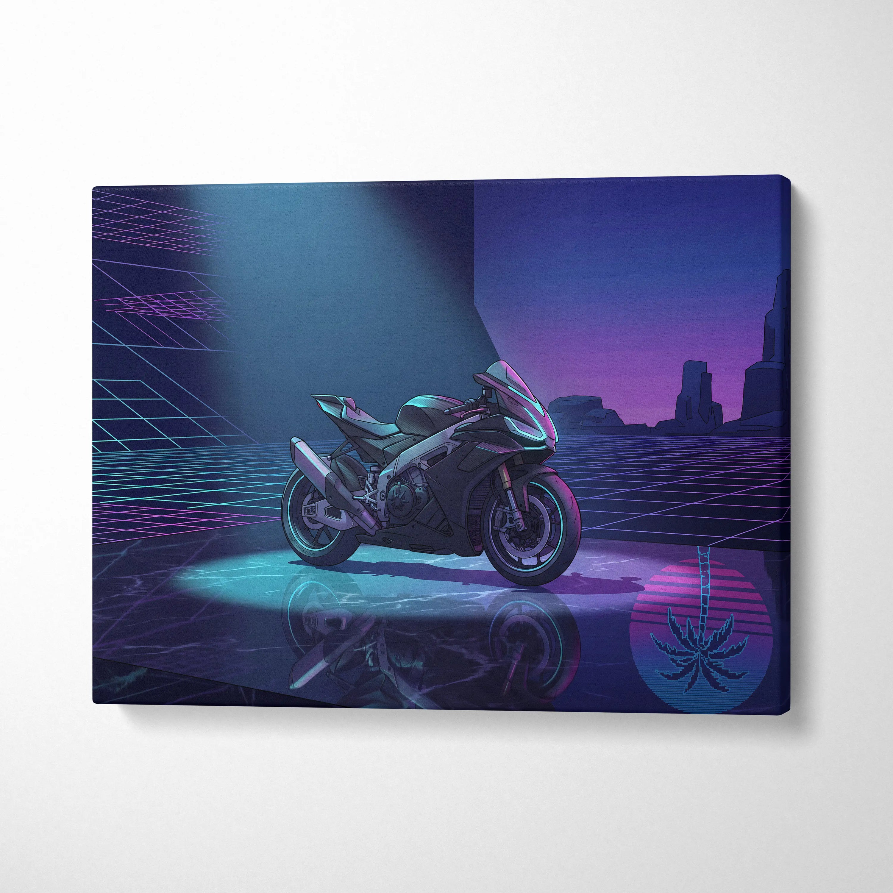 Aprilia RSV4 Inspired Dark Teal Purple Vaporwave Motorcycle Canvas Wall Art Neon Grid Sportbike Artwork Cyberpunk Garage Decor