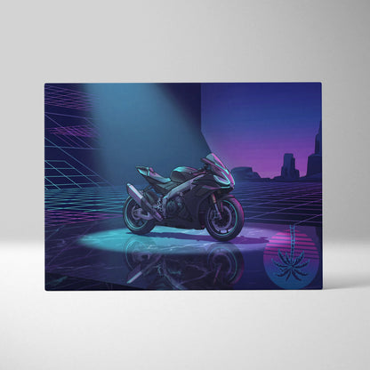 Aprilia RSV4 Inspired Dark Teal Purple Vaporwave Motorcycle Canvas Wall Art Neon Grid Sportbike Artwork Cyberpunk Garage Decor