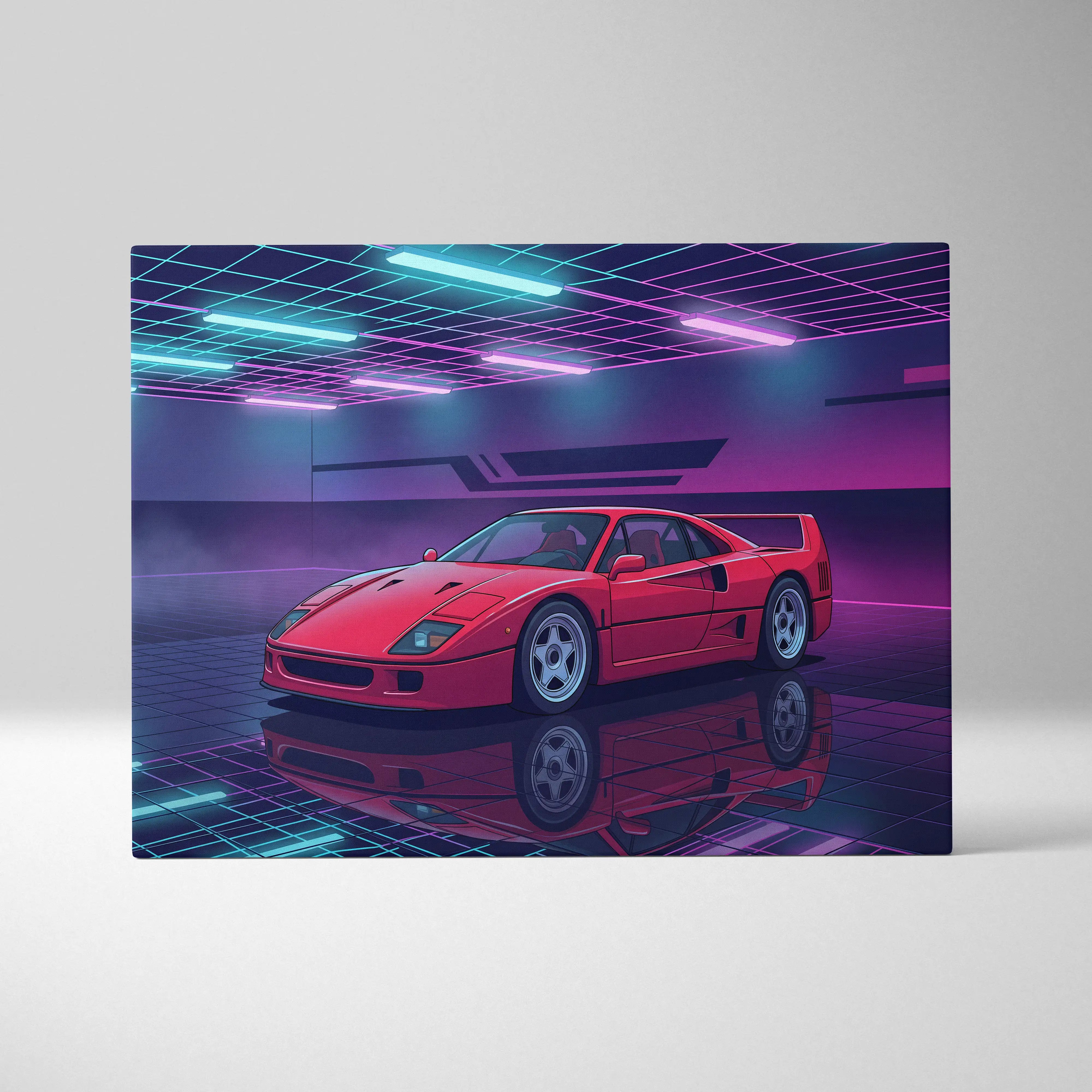 Ferrari f40 inspired red purple canvas wall art featuring a vibrant red ferrari f40 in a neon grid retro futuristic garage