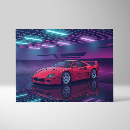 Ferrari F40 Inspired Red Purple Canvas Wall Art, Vaporwave Supercar Artwork, Neon Grid Garage Decor, Retro Futuristic Exotic Print