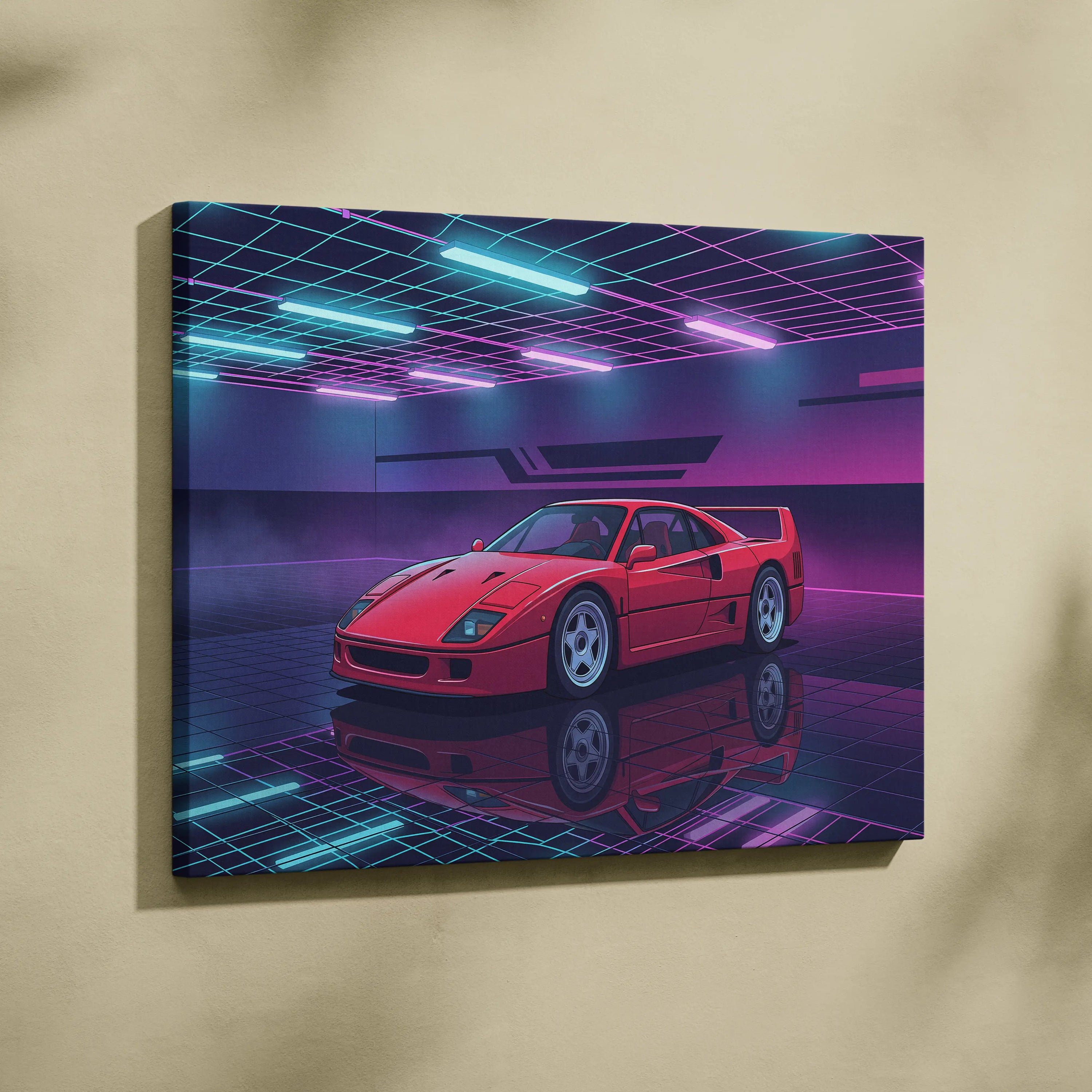 Ferrari F40 Inspired Red Purple Canvas Wall Art, Vaporwave Supercar Artwork, Neon Grid Garage Decor, Retro Futuristic Exotic Print