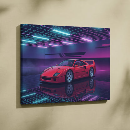 Ferrari F40 Inspired Red Purple Canvas Wall Art, Vaporwave Supercar Artwork, Neon Grid Garage Decor, Retro Futuristic Exotic Print