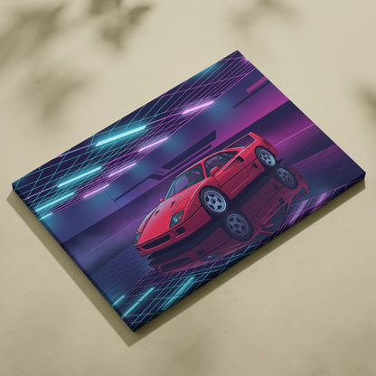 Ferrari F40 Inspired Red Purple Canvas Wall Art, Vaporwave Supercar Artwork, Neon Grid Garage Decor, Retro Futuristic Exotic Print