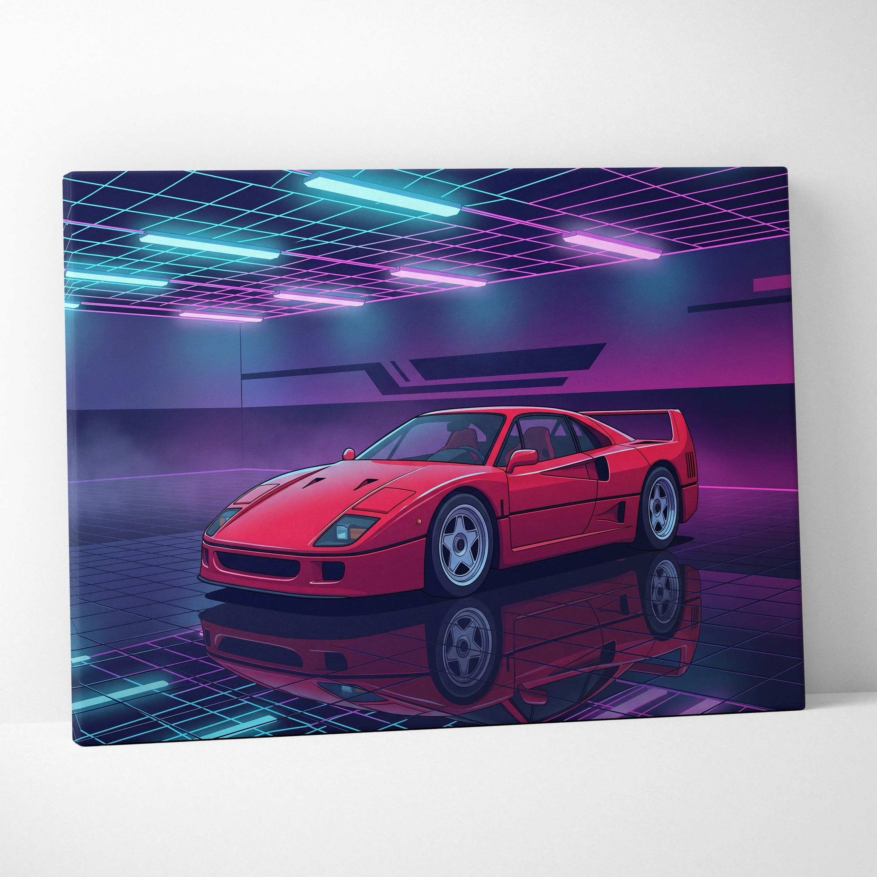 Ferrari F40 Inspired Red Purple Canvas Wall Art, Vaporwave Supercar Artwork, Neon Grid Garage Decor, Retro Futuristic Exotic Print
