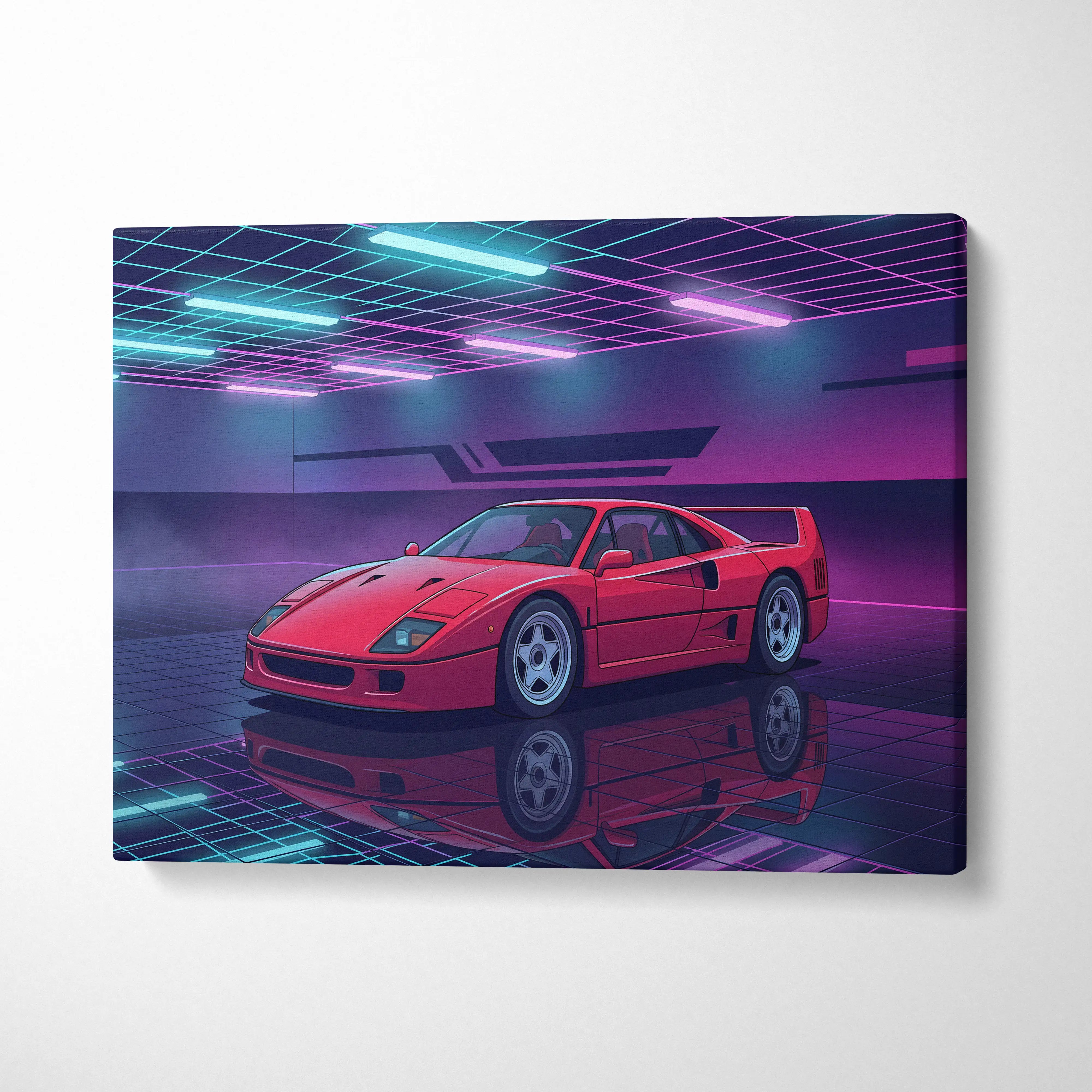 Ferrari f40 inspired red sports car canvas wall art with neon grid lights in retro futuristic vaporwave style