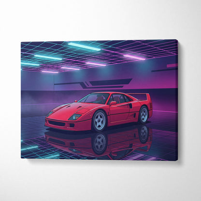 Ferrari F40 Inspired Red Purple Canvas Wall Art, Vaporwave Supercar Artwork, Neon Grid Garage Decor, Retro Futuristic Exotic Print
