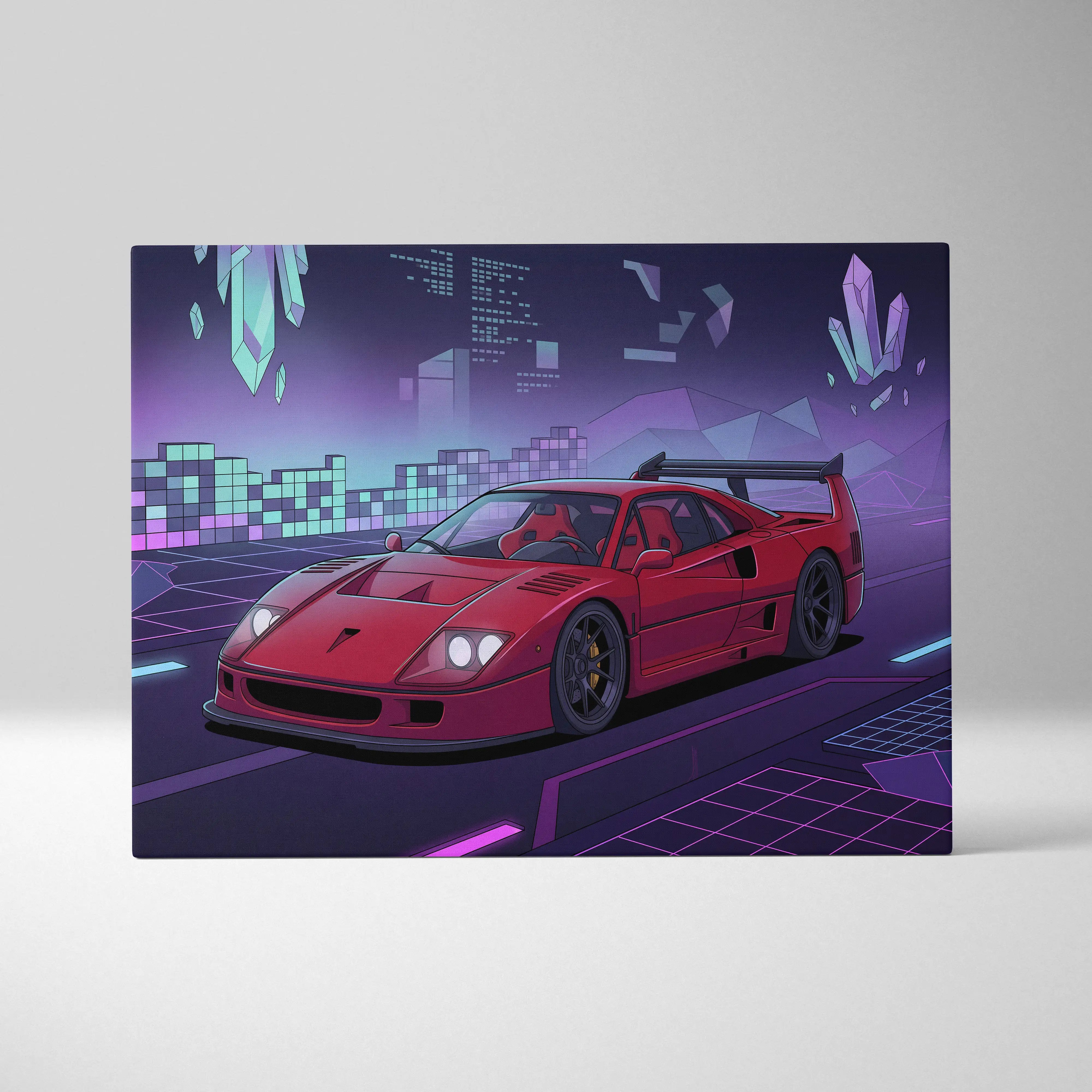 Ferrari f40 inspired red canvas wall art featuring a neon purple and teal cyberpunk cityscape background