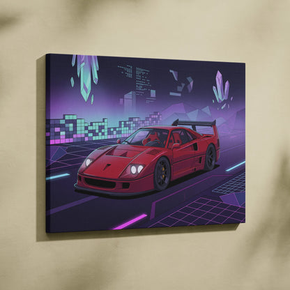 Ferrari F40 Inspired Red Purple Canvas Wall Art, Vaporwave Supercar Artwork, Neon Grid Garage Decor, Retro Futuristic Exotic Print