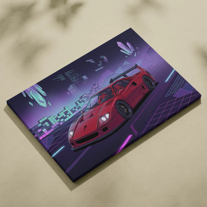 Ferrari F40 Inspired Red Purple Canvas Wall Art, Vaporwave Supercar Artwork, Neon Grid Garage Decor, Retro Futuristic Exotic Print