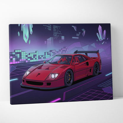 Ferrari F40 Inspired Red Purple Canvas Wall Art, Vaporwave Supercar Artwork, Neon Grid Garage Decor, Retro Futuristic Exotic Print