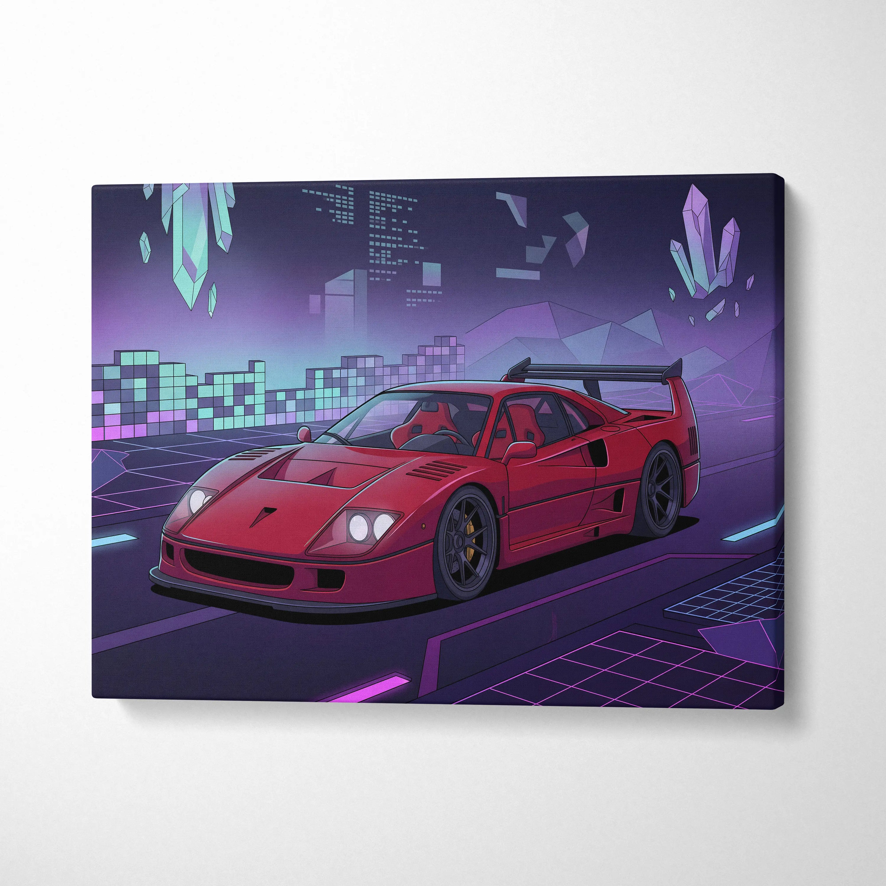Ferrari F40 Inspired Red Purple Canvas Wall Art, Vaporwave Supercar Artwork, Neon Grid Garage Decor, Retro Futuristic Exotic Print