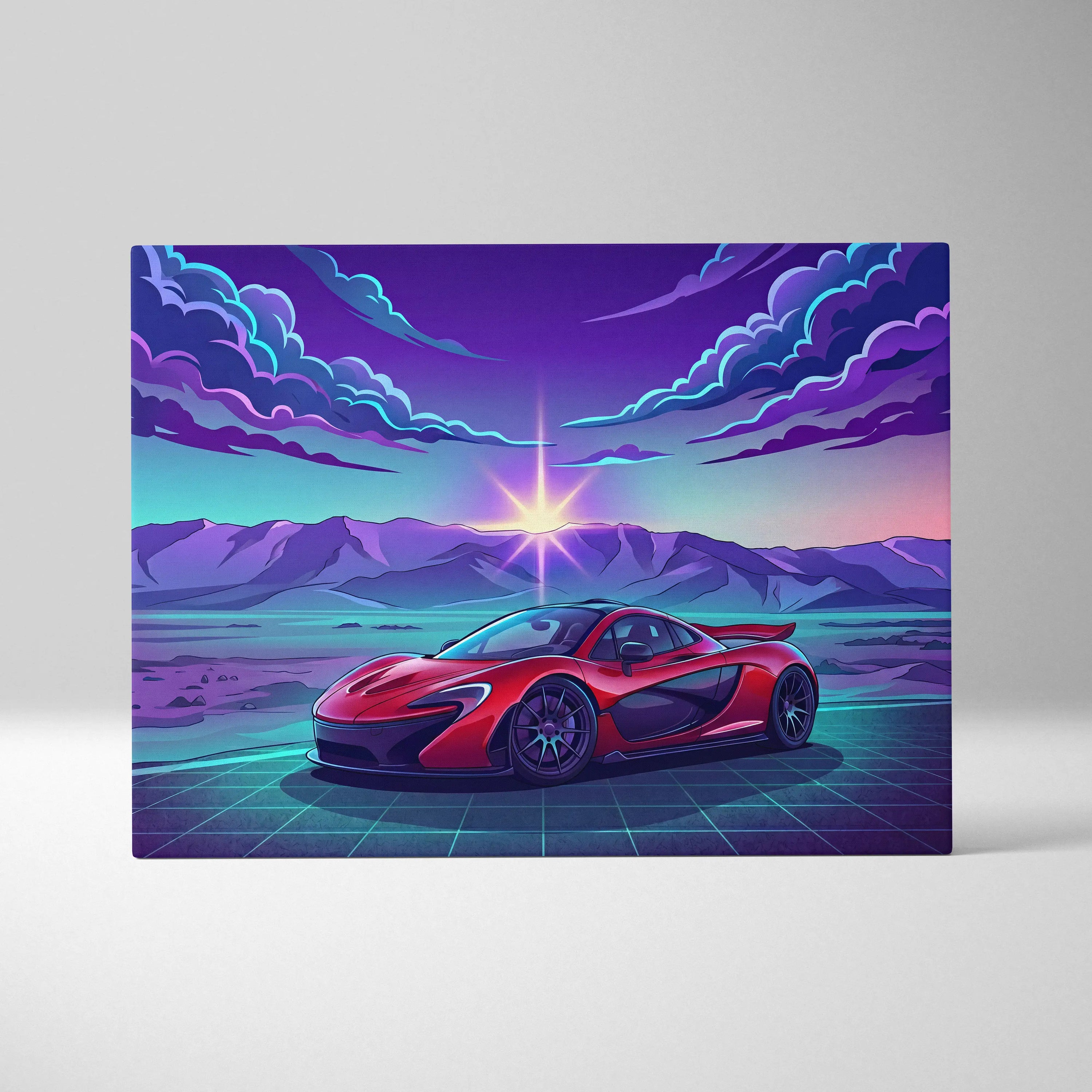 McLaren P1 Inspired Red Purple Canvas Wall Art, Sunset Vaporwave Hypercar Artwork for Mountain Garage Decor