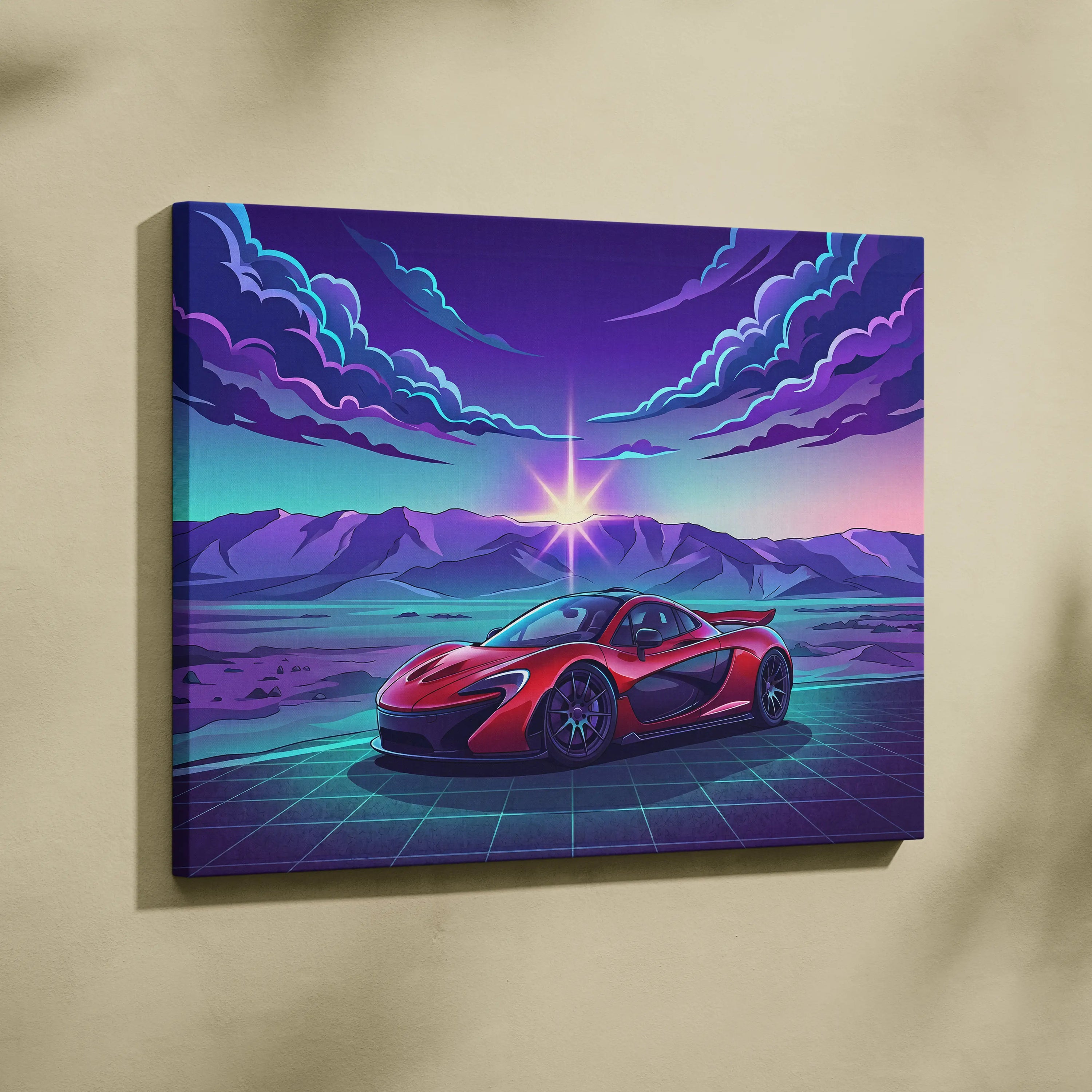 McLaren P1 Inspired Red Purple Canvas Wall Art, Sunset Vaporwave Hypercar Artwork for Mountain Garage Decor